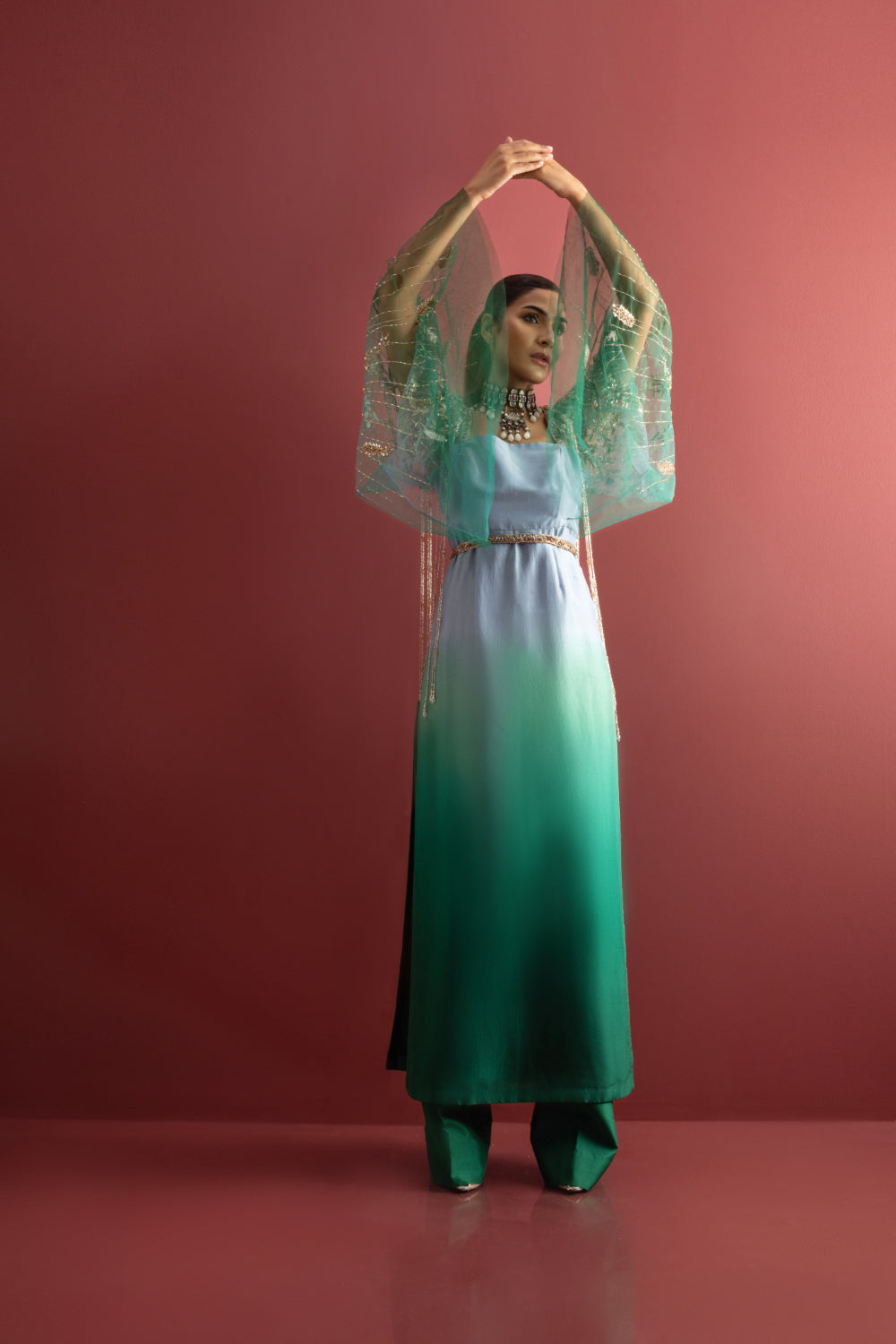 Pakistani Teal Blue Embroidered Raw Silk 2-Piece (Flared Sleeves) - Image 1