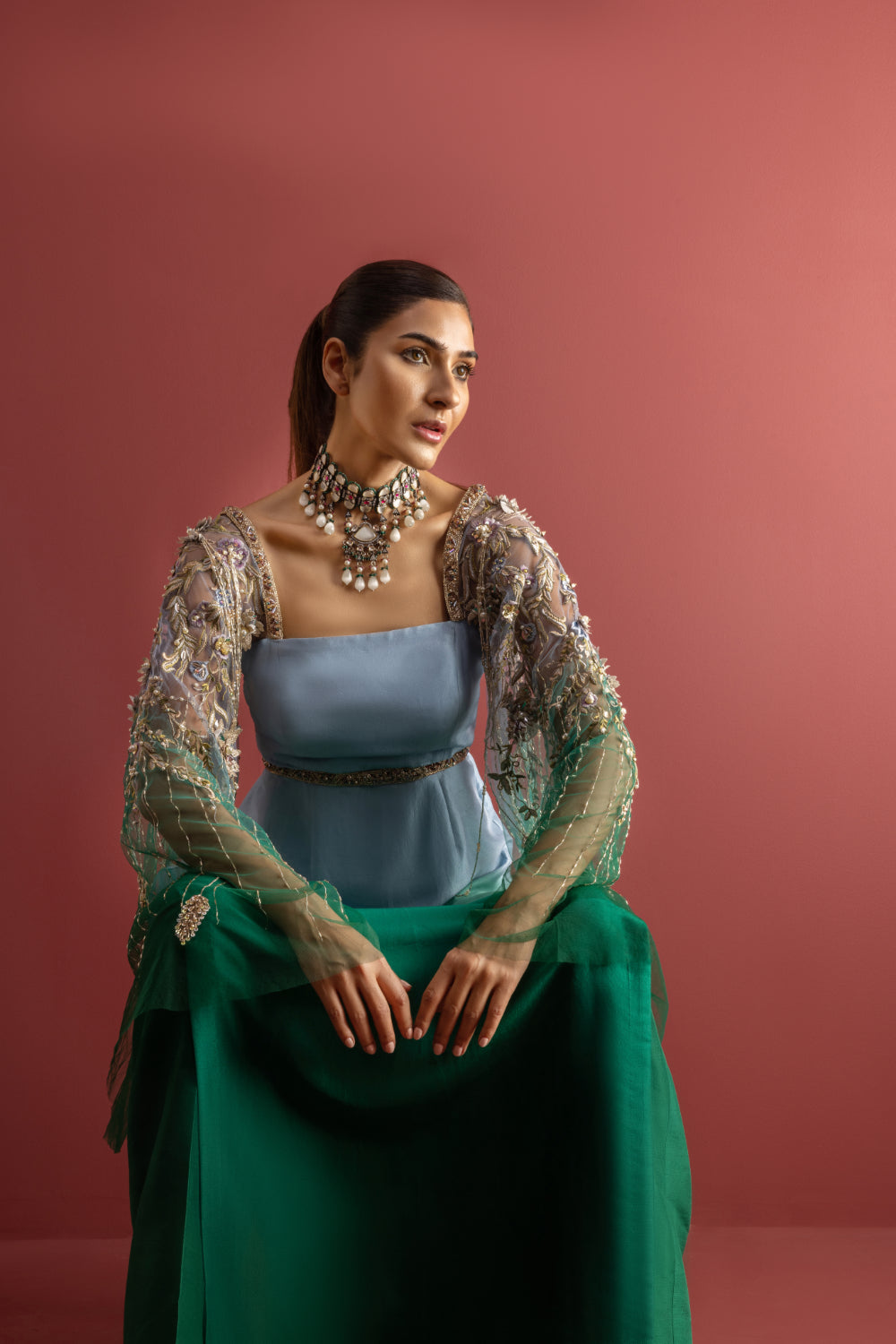 Pakistani Teal Blue Embroidered Raw Silk 2-Piece (Flared Sleeves) - Image 2