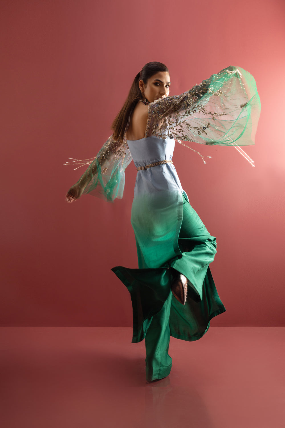 Pakistani Teal Blue Embroidered Raw Silk 2-Piece (Flared Sleeves) - Image 3