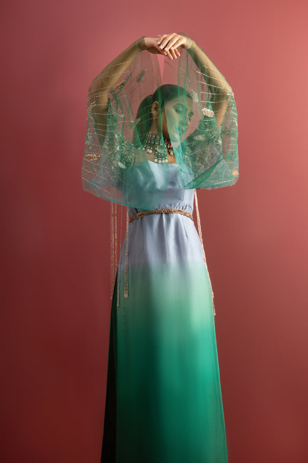 Pakistani Teal Blue Embroidered Raw Silk 2-Piece (Flared Sleeves) - Image 4