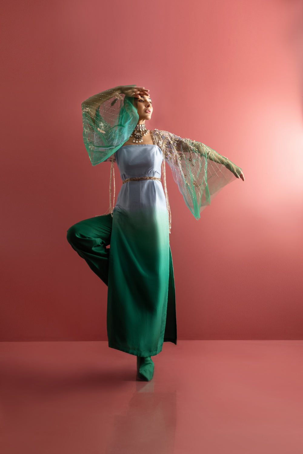 Pakistani Teal Blue Embroidered Raw Silk 2-Piece (Flared Sleeves) - Image 6