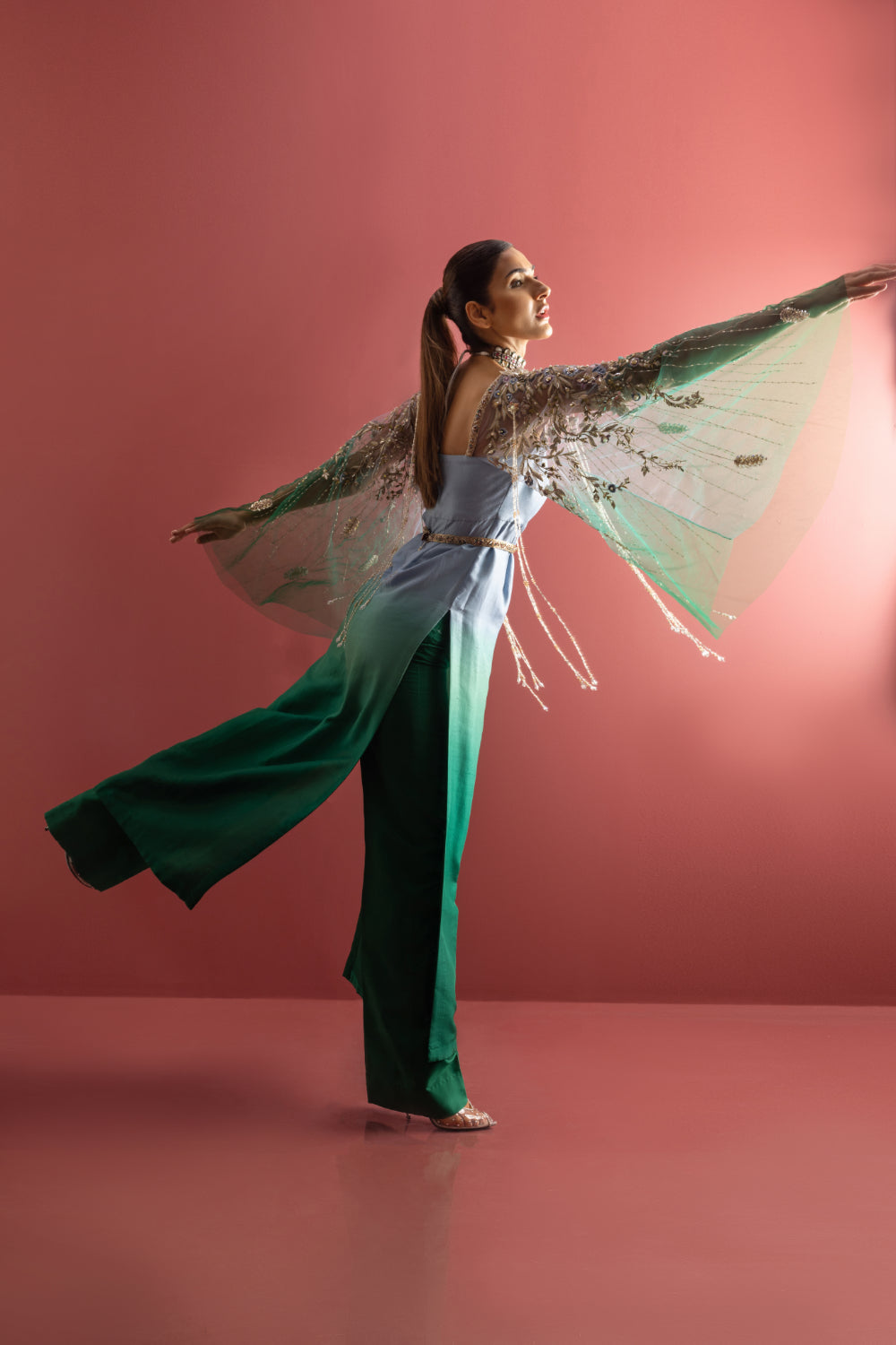 Pakistani Teal Blue Embroidered Raw Silk 2-Piece (Flared Sleeves) - Image 7