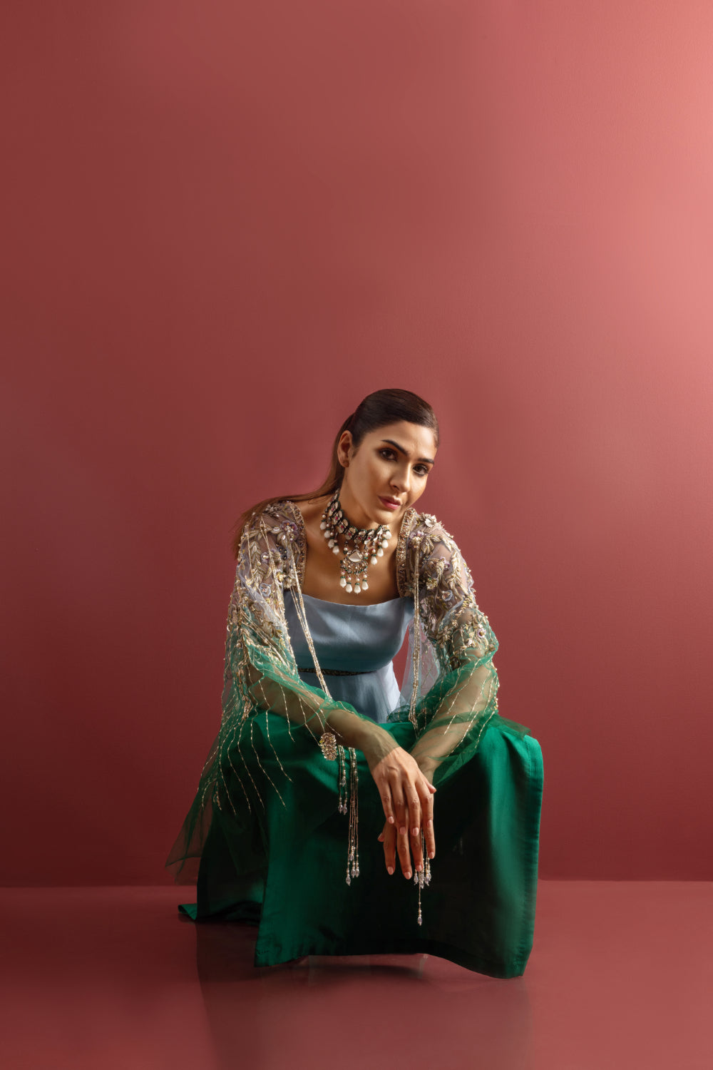 Pakistani Teal Blue Embroidered Raw Silk 2-Piece (Flared Sleeves) - Image 8