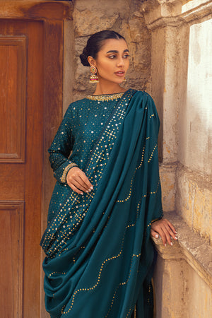 Teal Mukesh Embellished Raw Silk Salwar Kameez (3-Piece) - Image 2