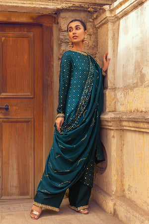 Teal Mukesh Embellished Raw Silk Salwar Kameez (3-Piece) - Image 3