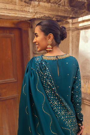 Teal Mukesh Embellished Raw Silk Salwar Kameez (3-Piece) - Image 4