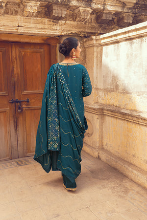 Teal Mukesh Embellished Raw Silk Salwar Kameez (3-Piece) - Image 5