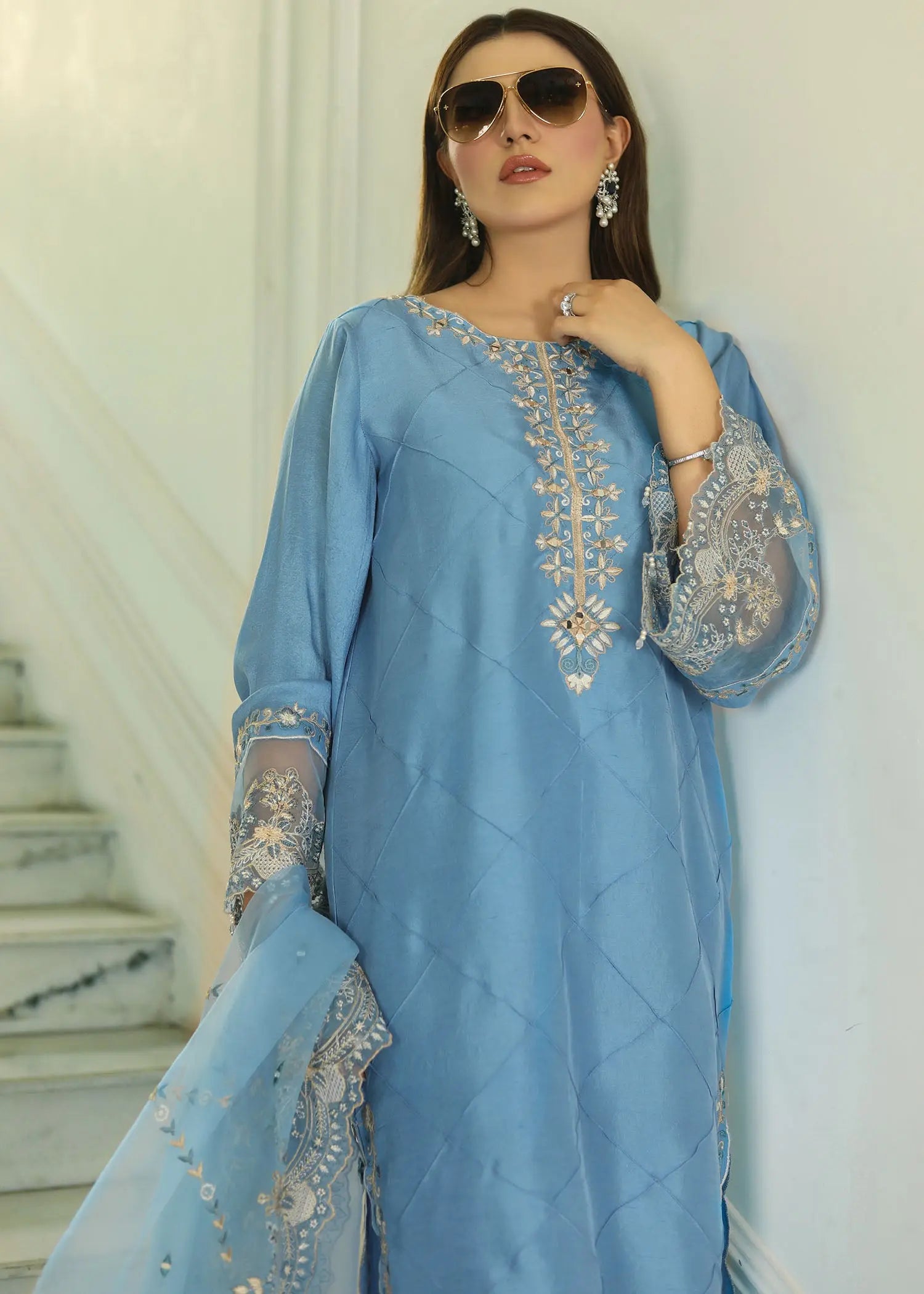 Pakistani Teal Blue Embroidered Raw Silk 3-Piece Suit - Image 10