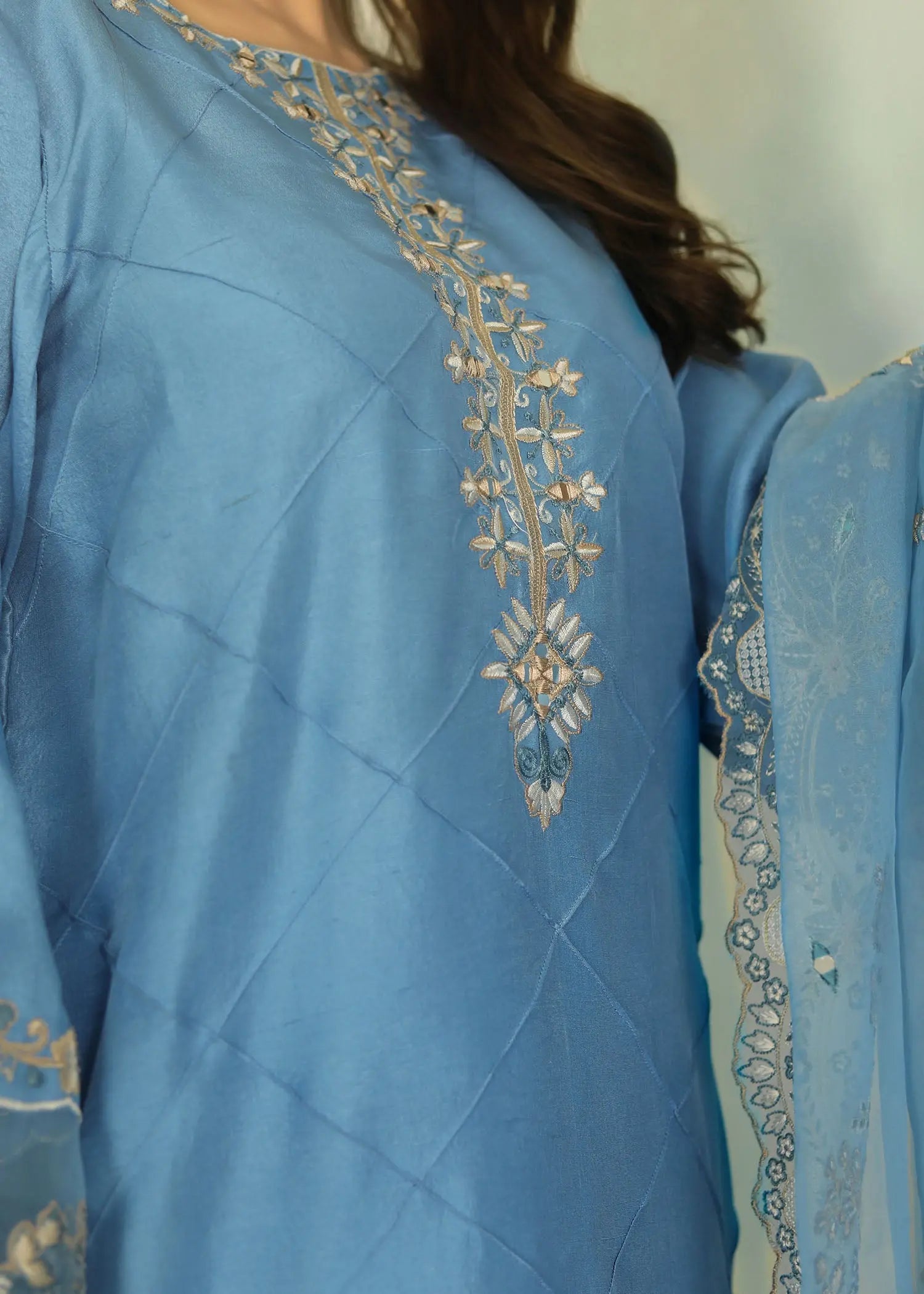 Pakistani Teal Blue Embroidered Raw Silk 3-Piece Suit - Image 13