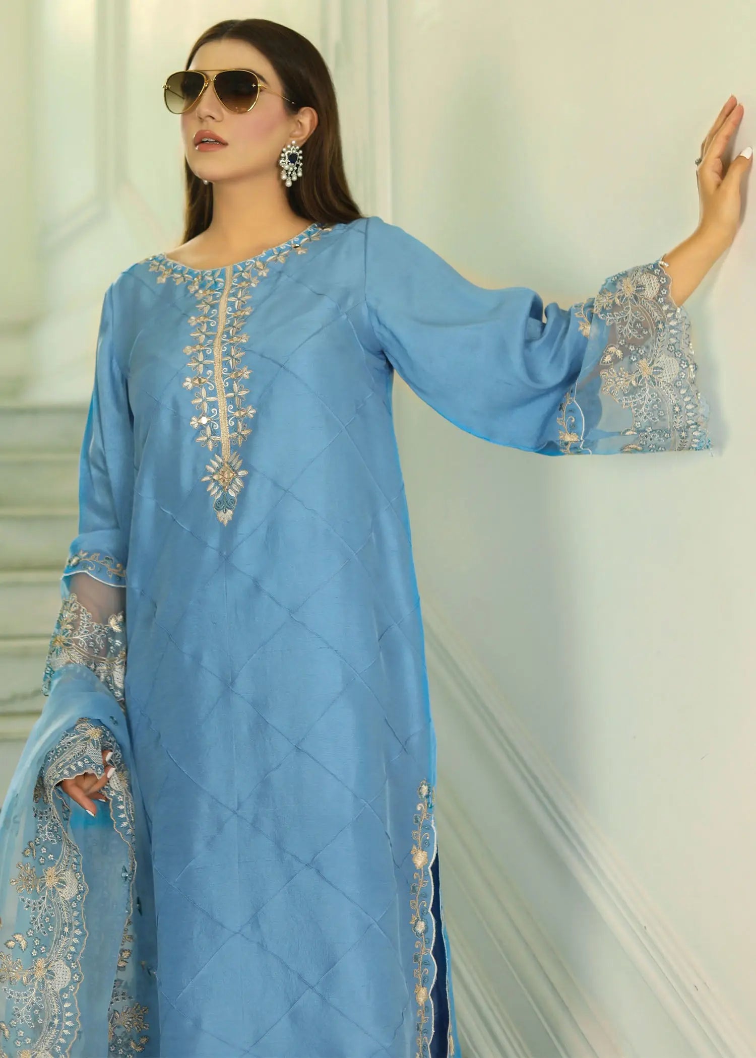 Pakistani Teal Blue Embroidered Raw Silk 3-Piece Suit - Image 14