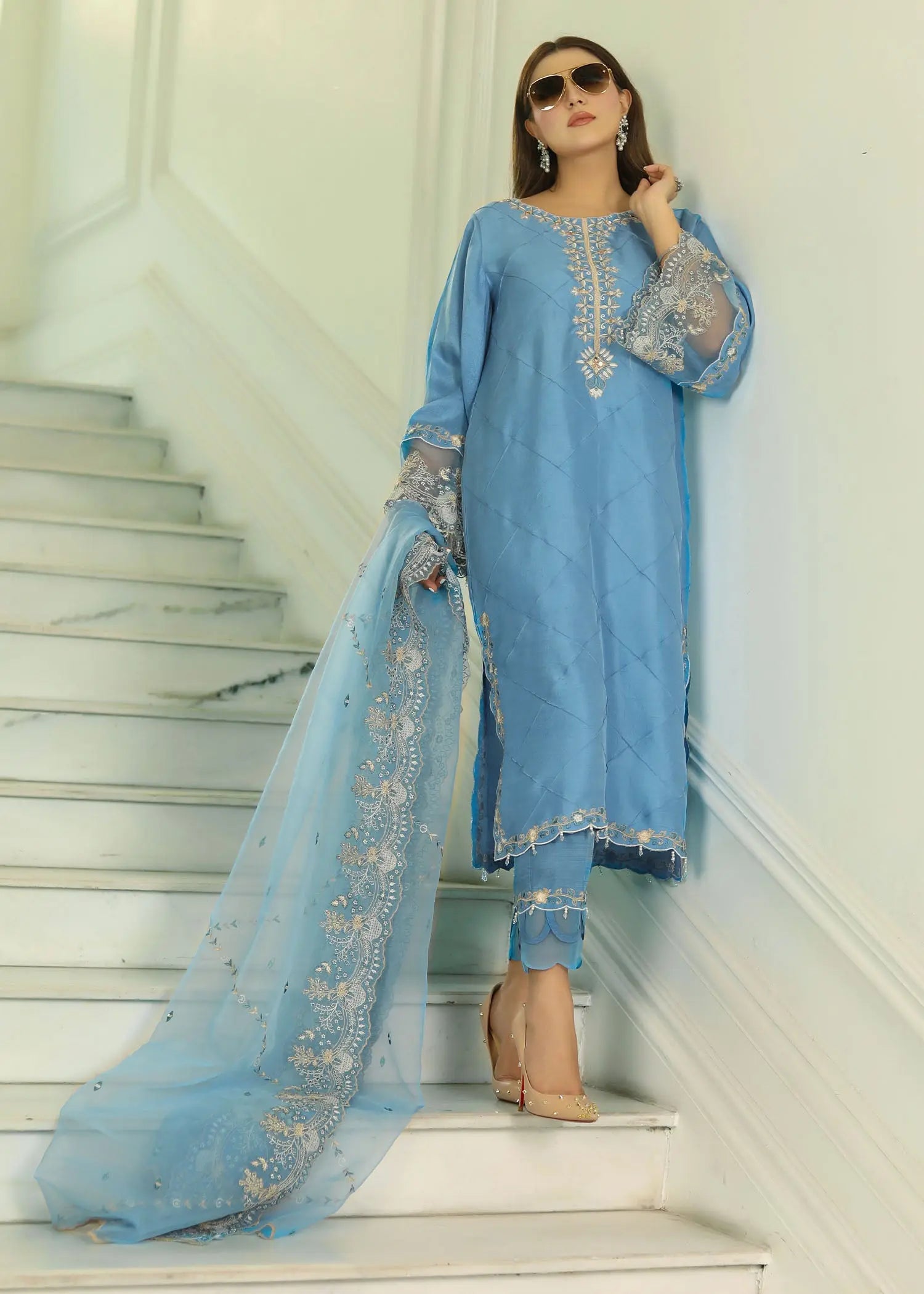 Pakistani Teal Blue Embroidered Raw Silk 3-Piece Suit - Image 15