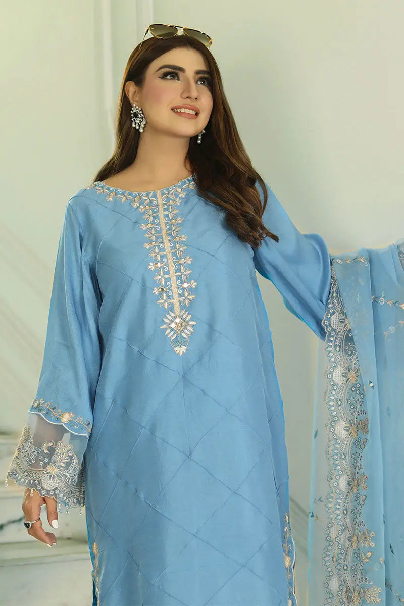 Pakistani Teal Blue Embroidered Raw Silk 3-Piece Suit - Image 2