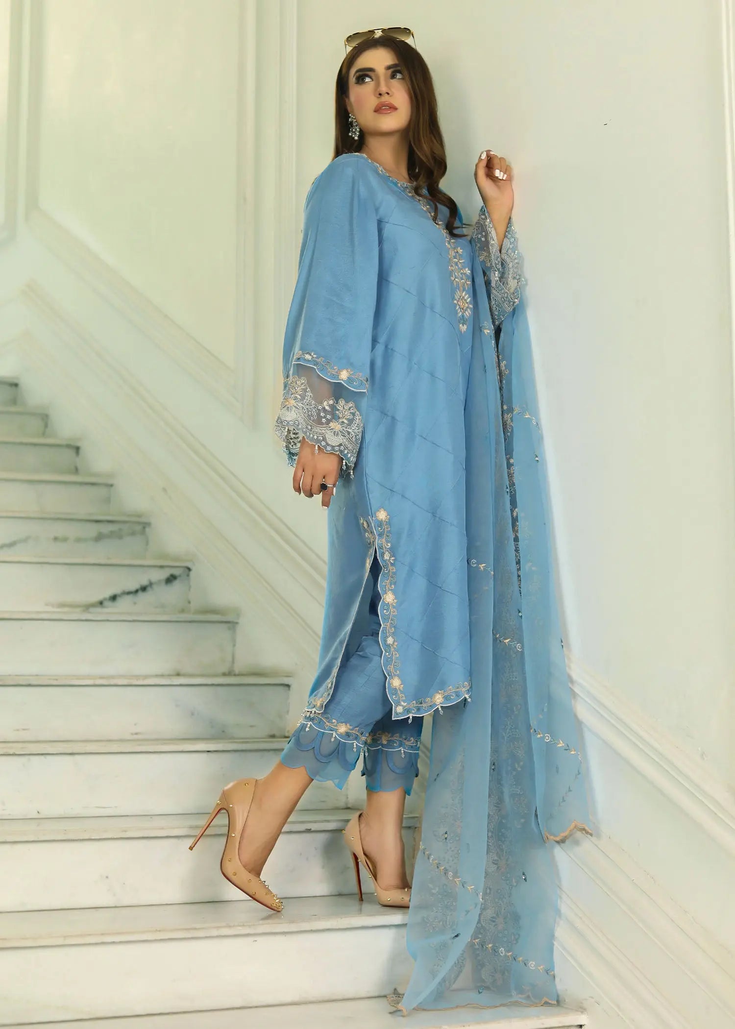 Pakistani Teal Blue Embroidered Raw Silk 3-Piece Suit - Image 3