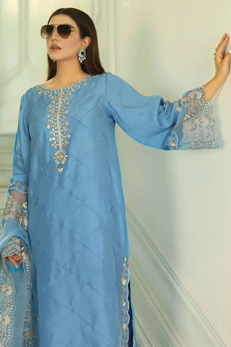 Pakistani Teal Blue Embroidered Raw Silk 3-Piece Suit - Image 4