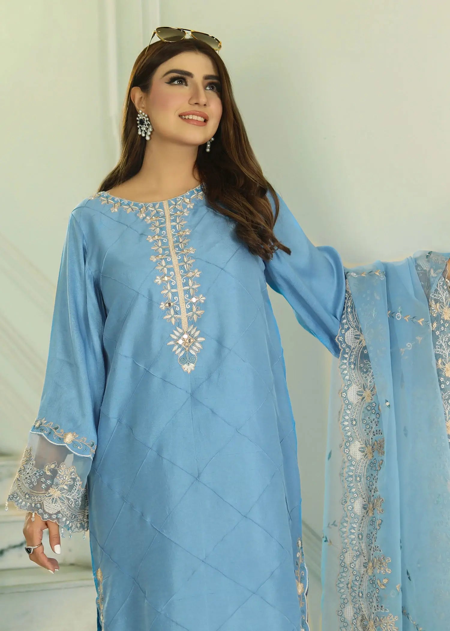 Pakistani Teal Blue Embroidered Raw Silk 3-Piece Suit - Image 5