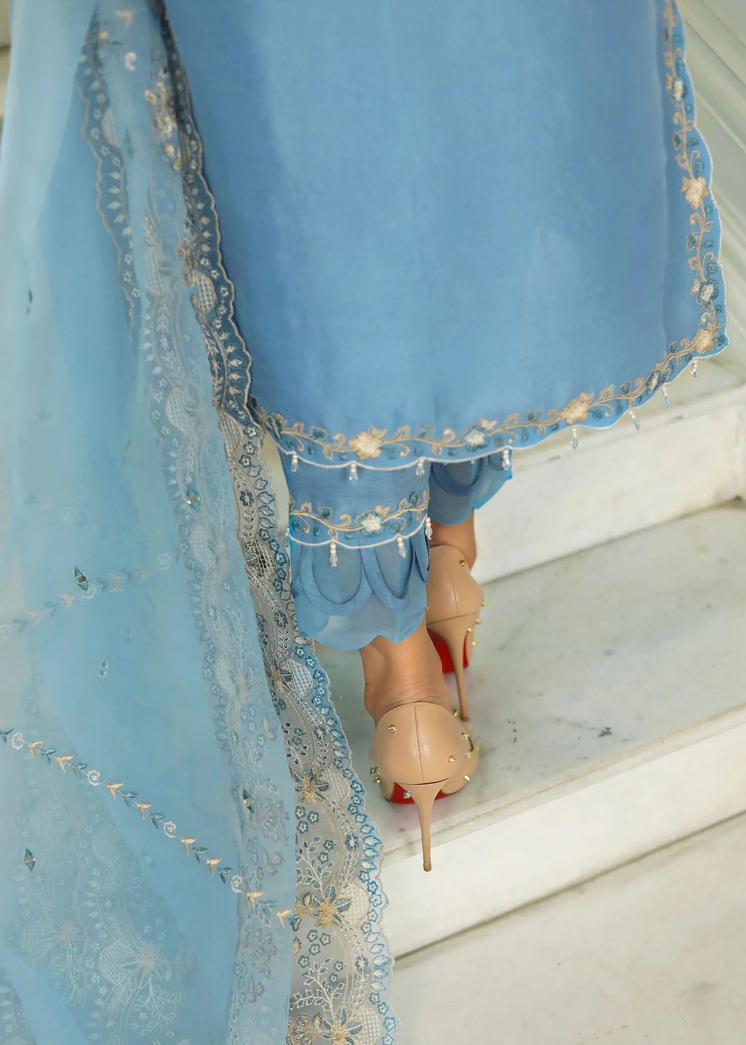 Pakistani Teal Blue Embroidered Raw Silk 3-Piece Suit - Image 6