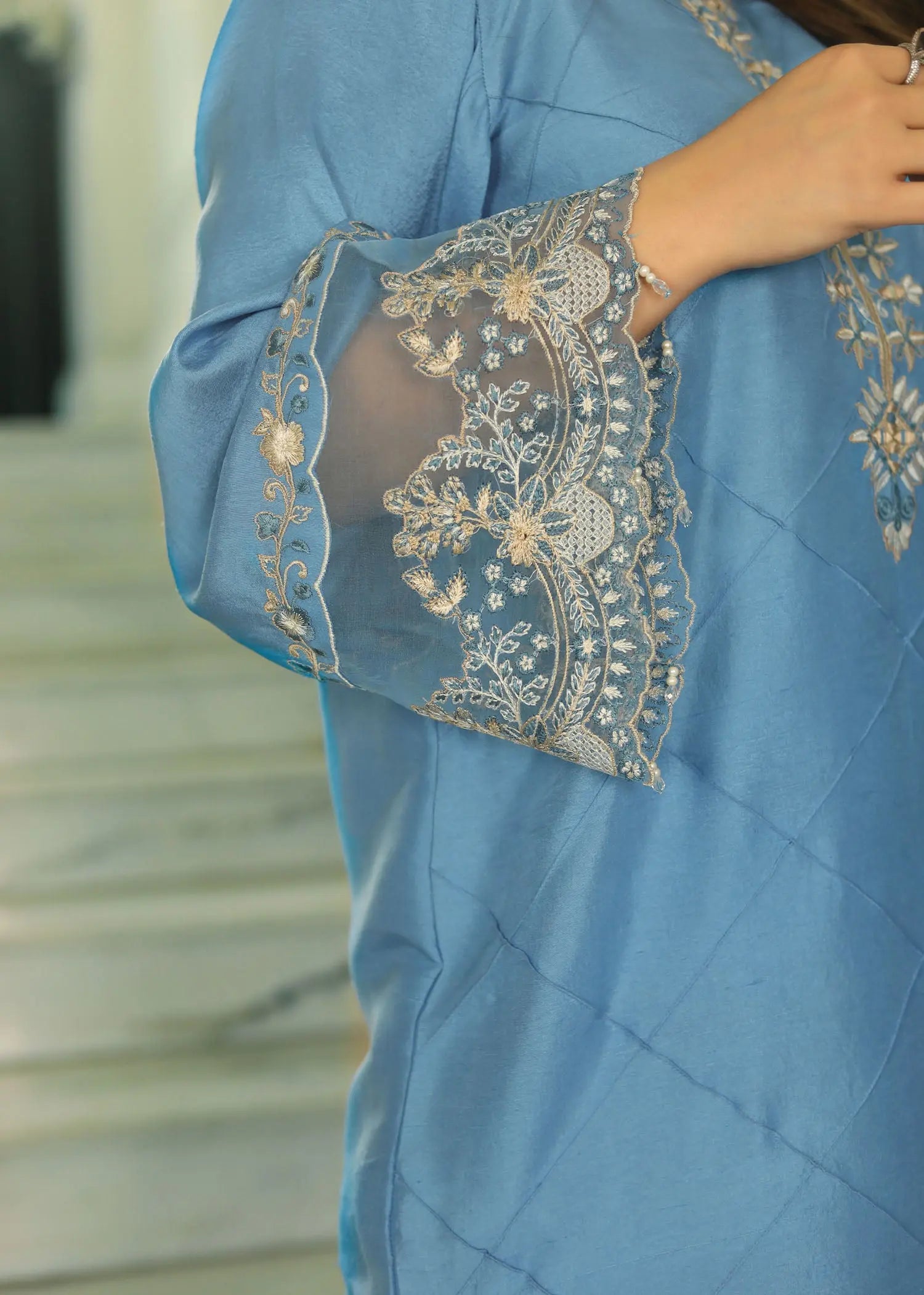 Pakistani Teal Blue Embroidered Raw Silk 3-Piece Suit - Image 7