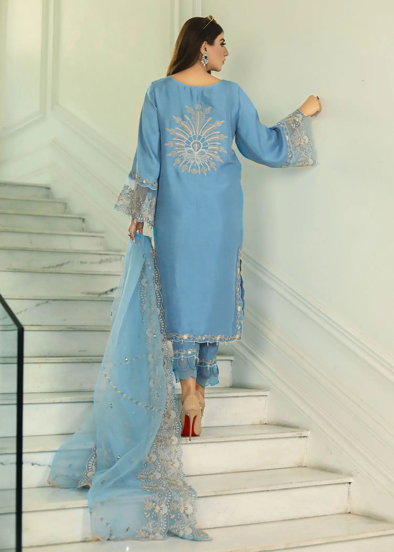 Pakistani Teal Blue Embroidered Raw Silk 3-Piece Suit - Image 8