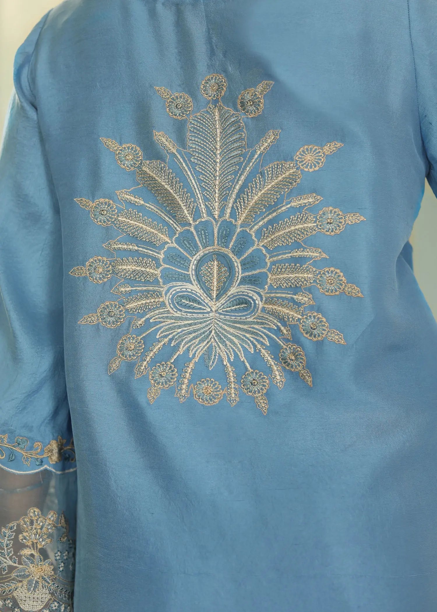 Pakistani Teal Blue Embroidered Raw Silk 3-Piece Suit - Image 9
