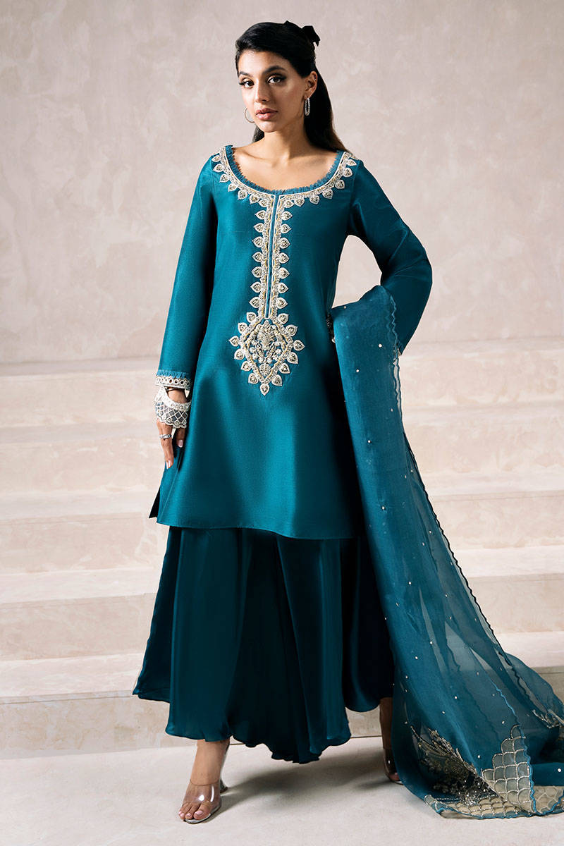 Teal Blue Embellished Raw Silk Salwar Kameez (3-Piece) - Image 1