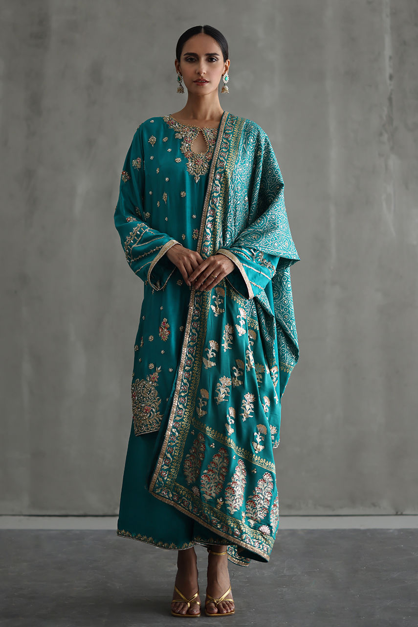 Teal Zardozi Embroidered Raw Silk Kurta Set (3-Piece) - Image 1