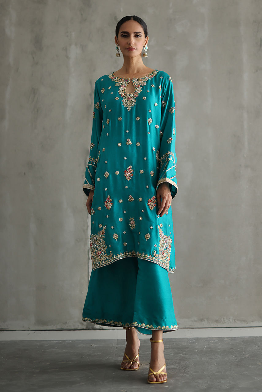 Teal Zardozi Embroidered Raw Silk Kurta Set (3-Piece) - Image 2