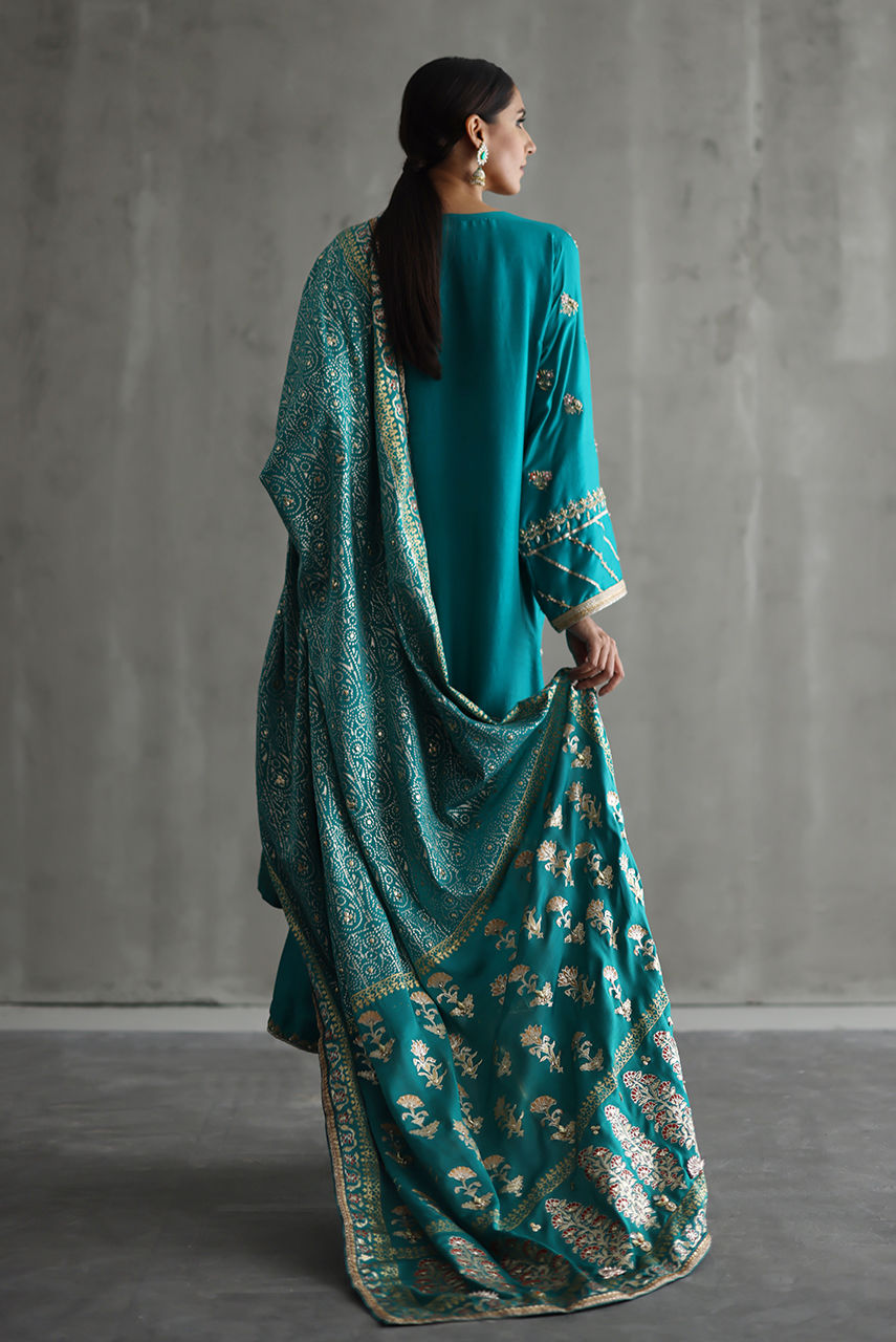Teal Zardozi Embroidered Raw Silk Kurta Set (3-Piece) - Image 3