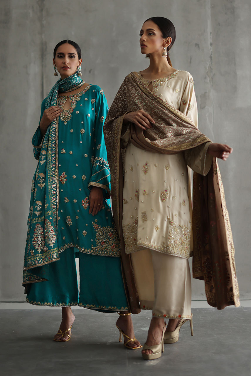 Teal Zardozi Embroidered Raw Silk Kurta Set (3-Piece) - Image 5