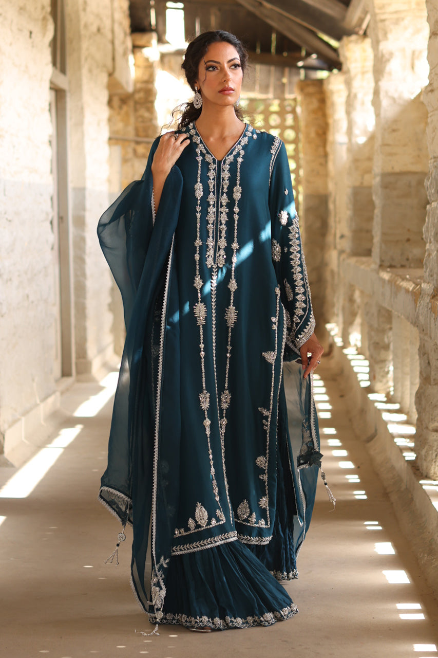 Teal Zardozi Raw Silk Salwar Kameez (3-Piece) - Image 1