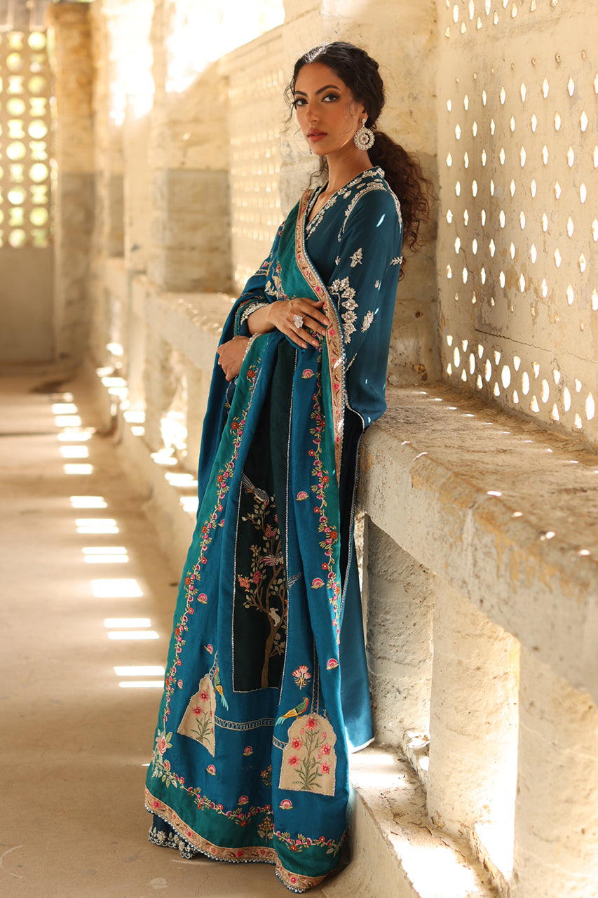 Teal Zardozi Raw Silk Salwar Kameez (3-Piece) - Image 3