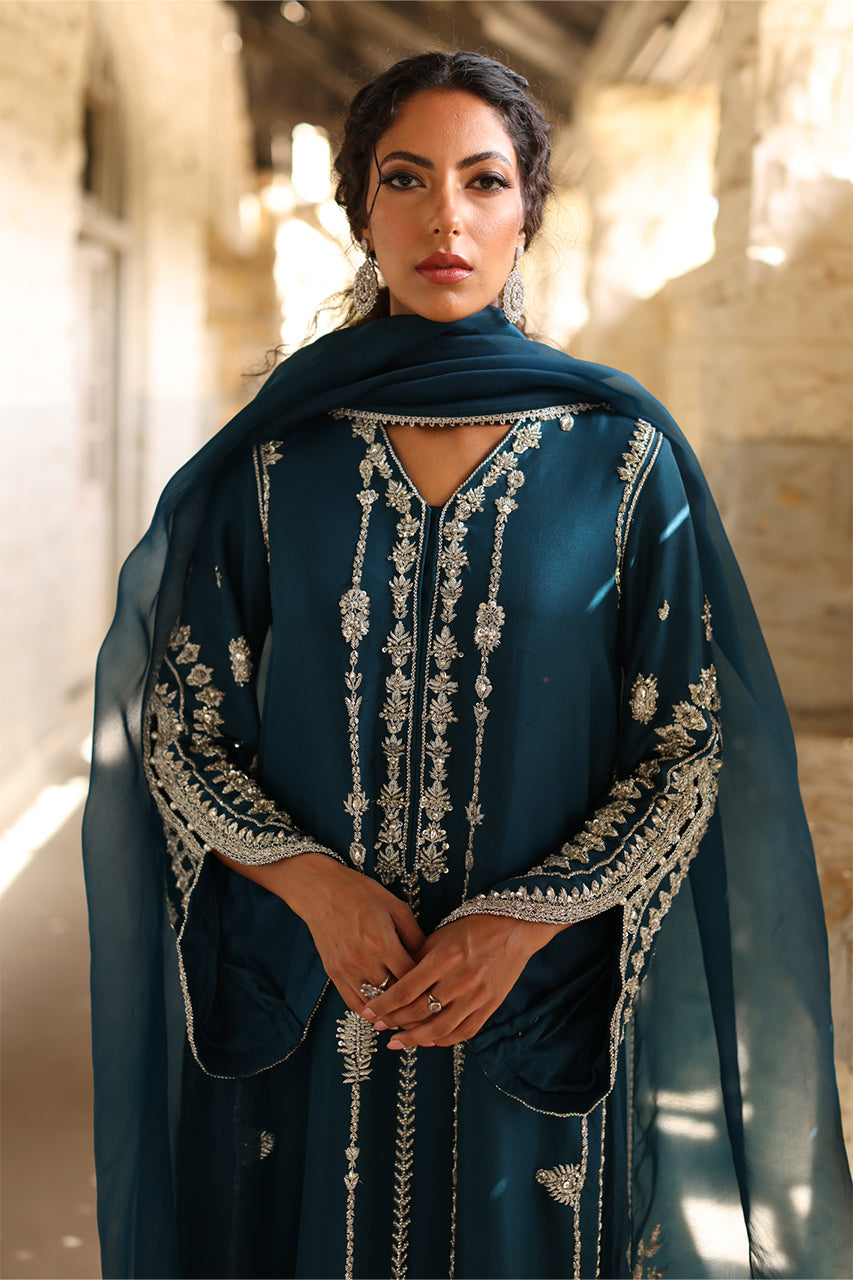 Teal Zardozi Raw Silk Salwar Kameez (3-Piece) - Image 4