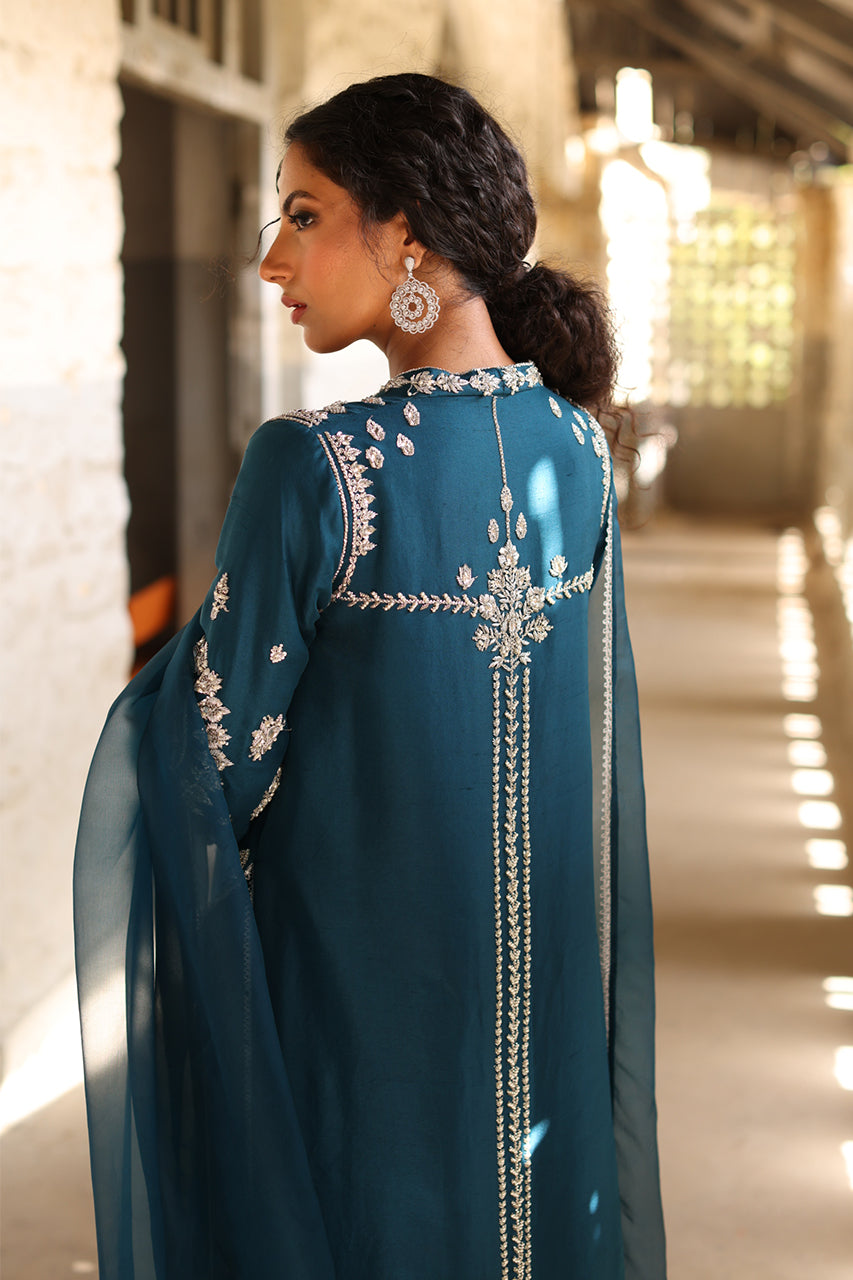 Teal Zardozi Raw Silk Salwar Kameez (3-Piece) - Image 5