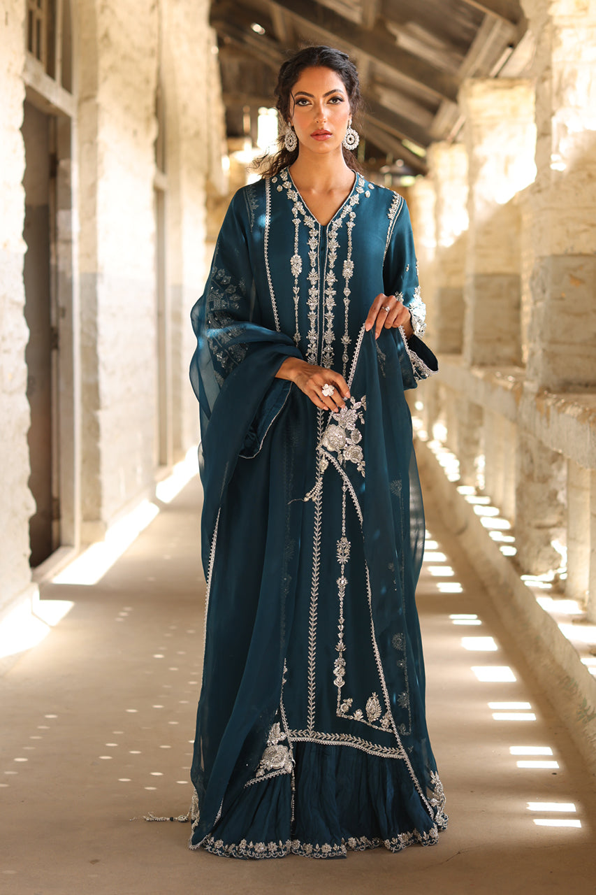 Teal Zardozi Raw Silk Salwar Kameez (3-Piece) - Image 6