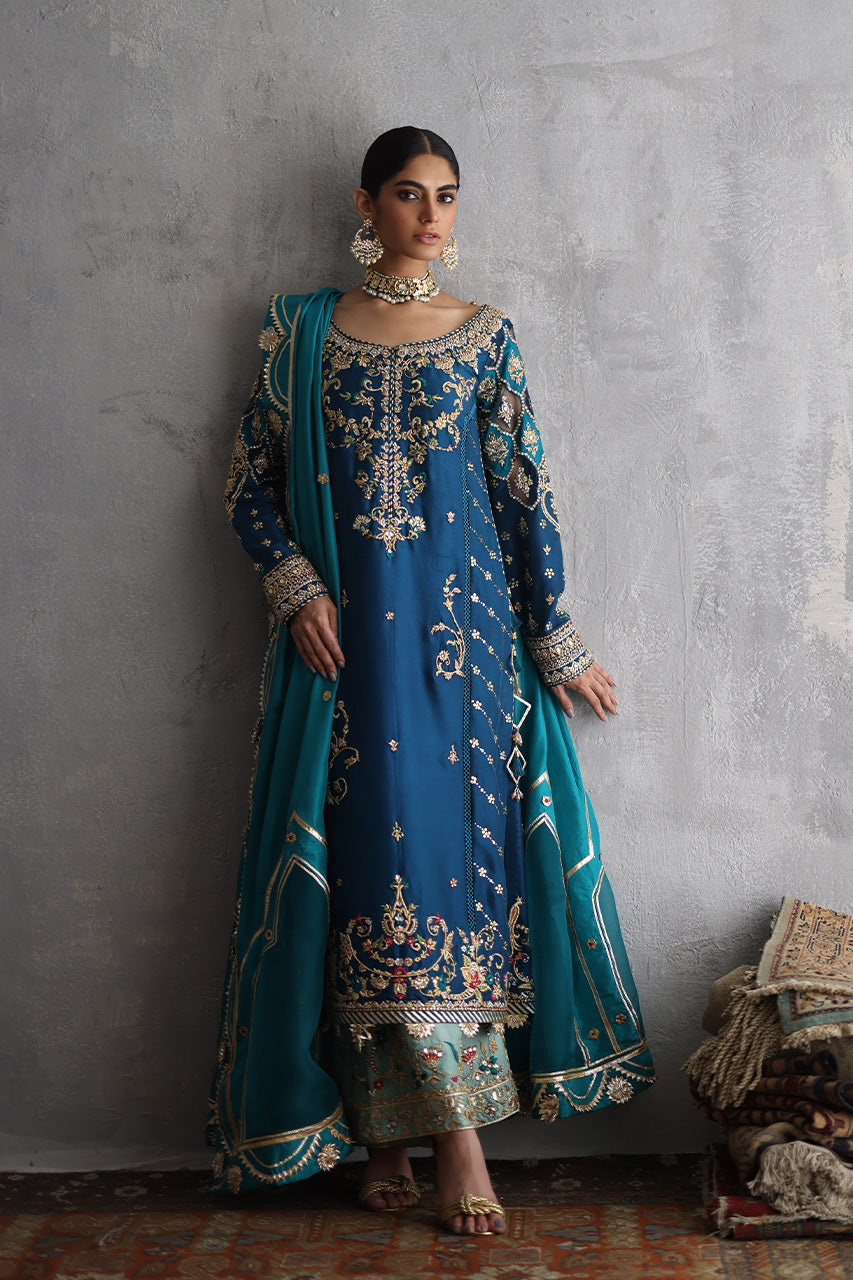 Pakistani Teal Zardozi Raw Silk Long Shirt (3-Piece) - Image 1