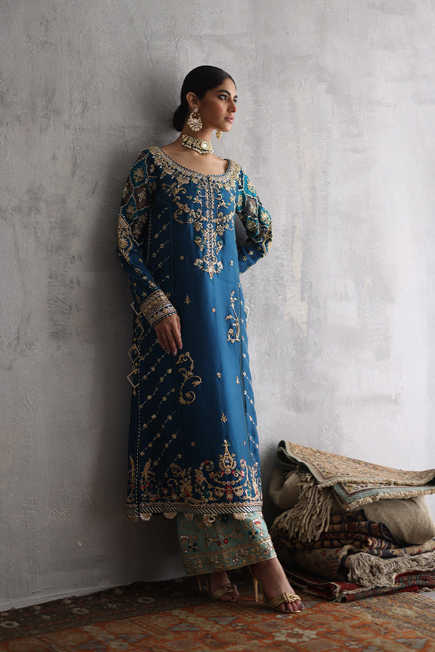 Pakistani Teal Zardozi Raw Silk Long Shirt (3-Piece) - Image 7