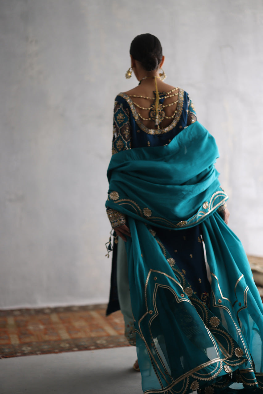 Teal Zardozi Kaamdani Raw Silk Salwar Kameez (3-Piece) - Image 2