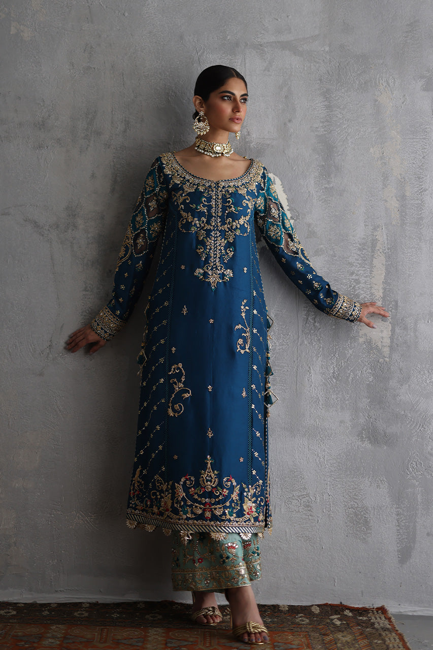 Teal Zardozi Kaamdani Raw Silk Salwar Kameez (3-Piece) - Image 6