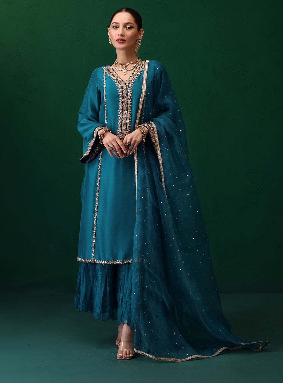 Pakistani Teal Embroidered Rawsilk Kurta Set (3-Piece) - Image 1