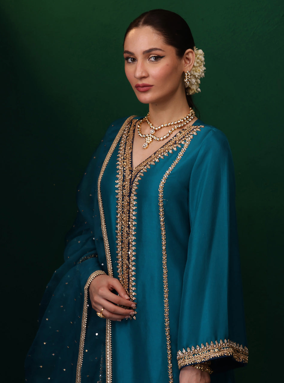 Pakistani Teal Embroidered Rawsilk Kurta Set (3-Piece) - Image 3
