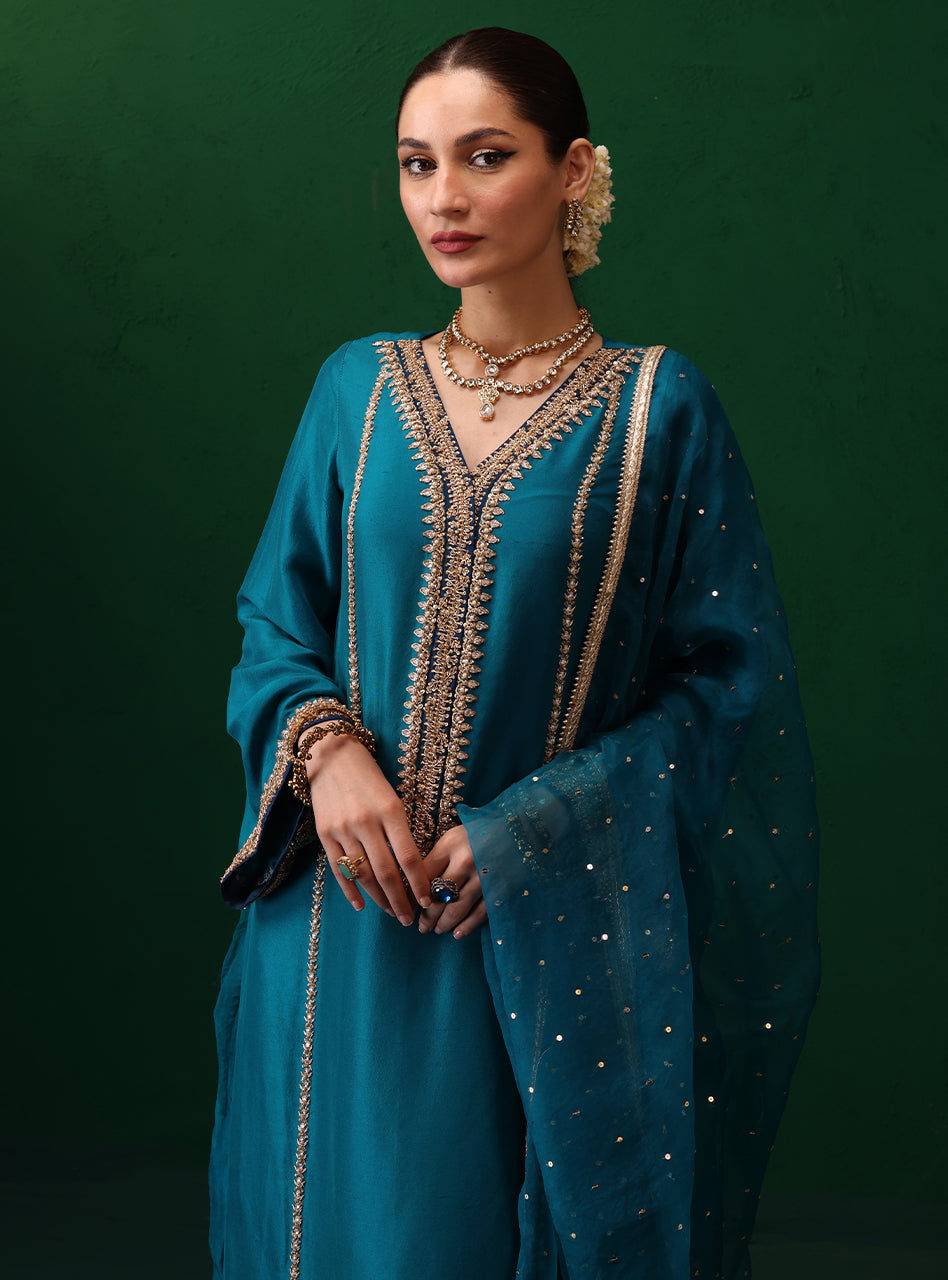 Pakistani Teal Embroidered Rawsilk Kurta Set (3-Piece) - Image 4