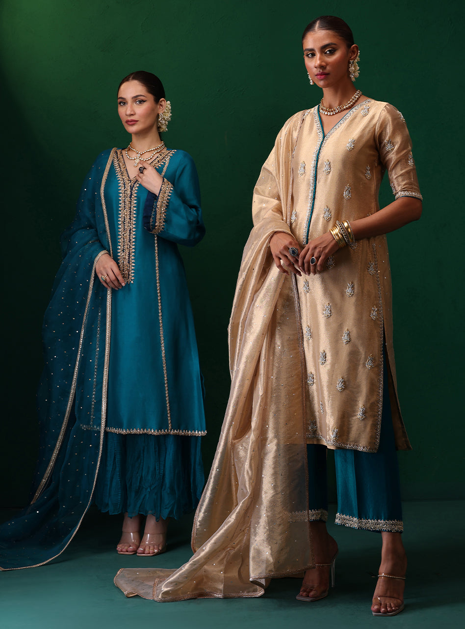 Pakistani Teal Embroidered Rawsilk Kurta Set (3-Piece) - Image 5