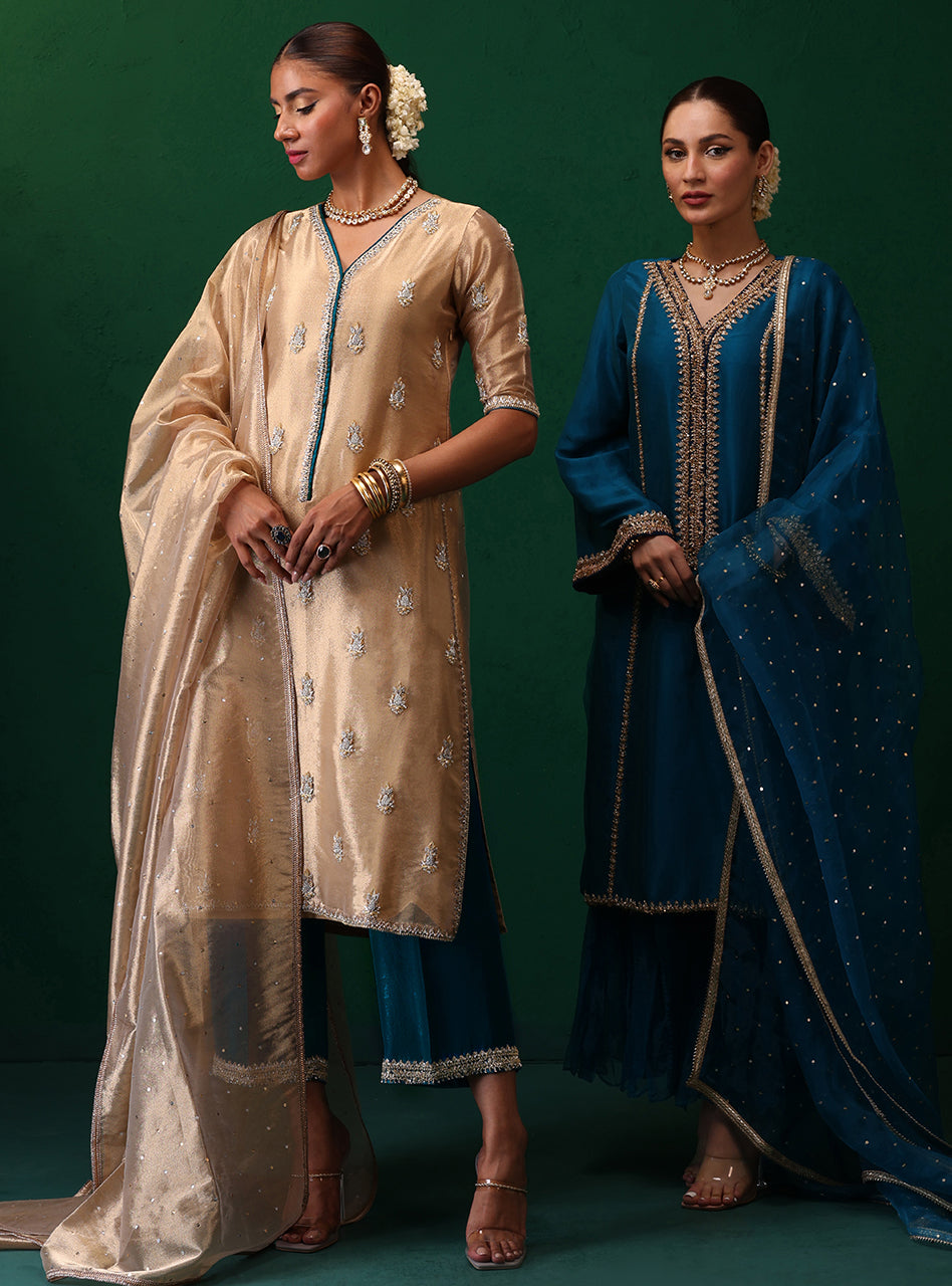 Pakistani Teal Embroidered Rawsilk Kurta Set (3-Piece) - Image 6