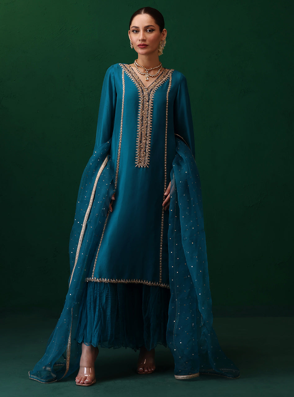 Pakistani Teal Embroidered Rawsilk Kurta Set (3-Piece) - Image 7