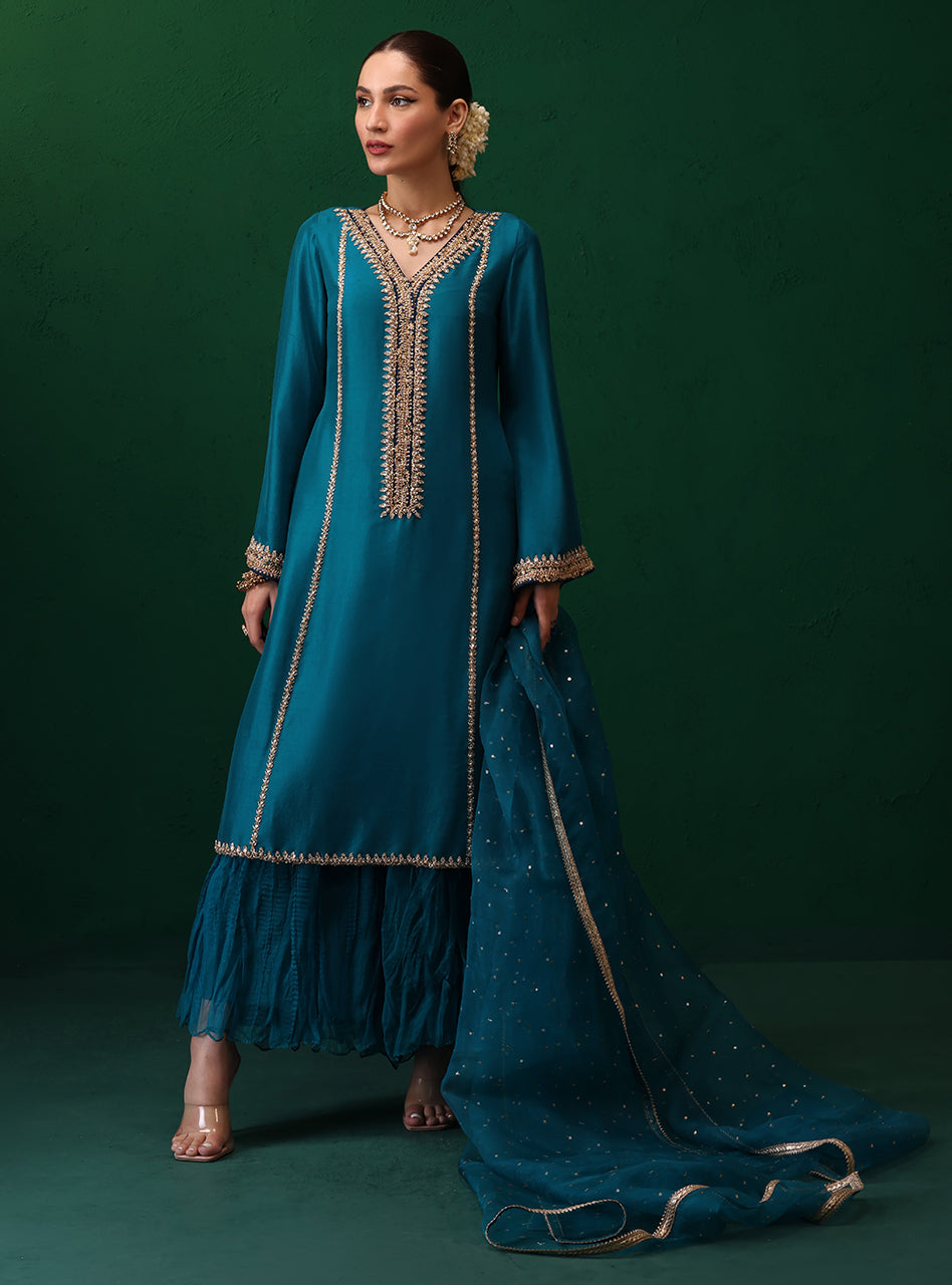 Pakistani Teal Embroidered Rawsilk Kurta Set (3-Piece) - Image 8