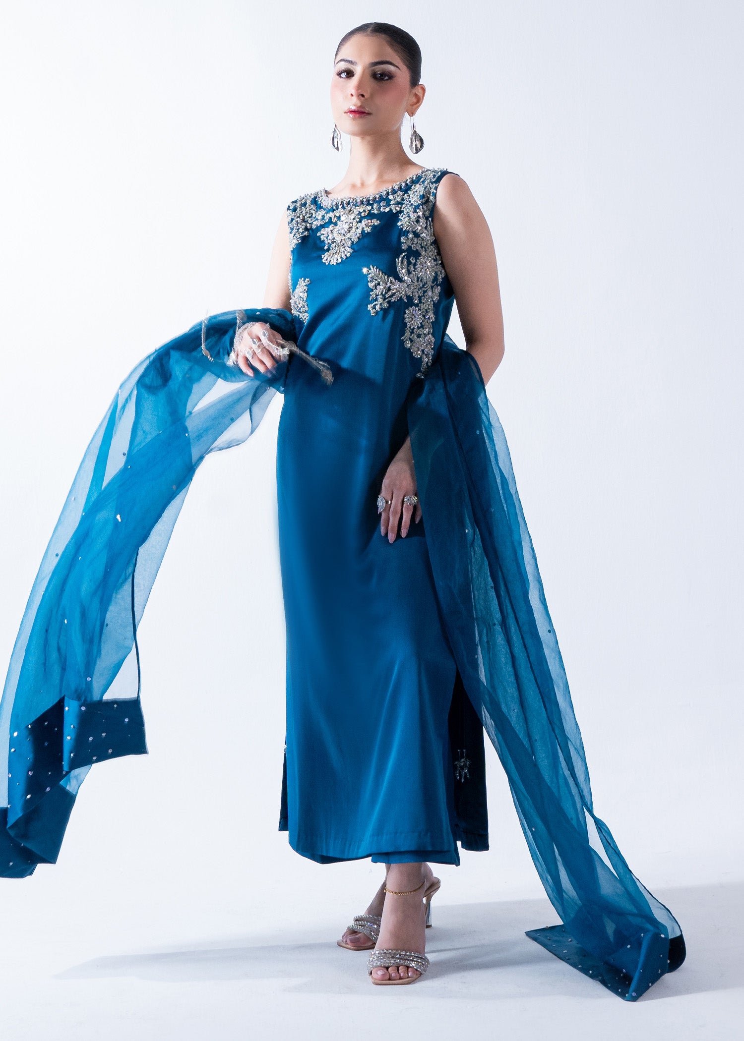 Pakistani Teal Blue Embroidered Pure Silk Salwar Kameez (3-Piece) - Image 1