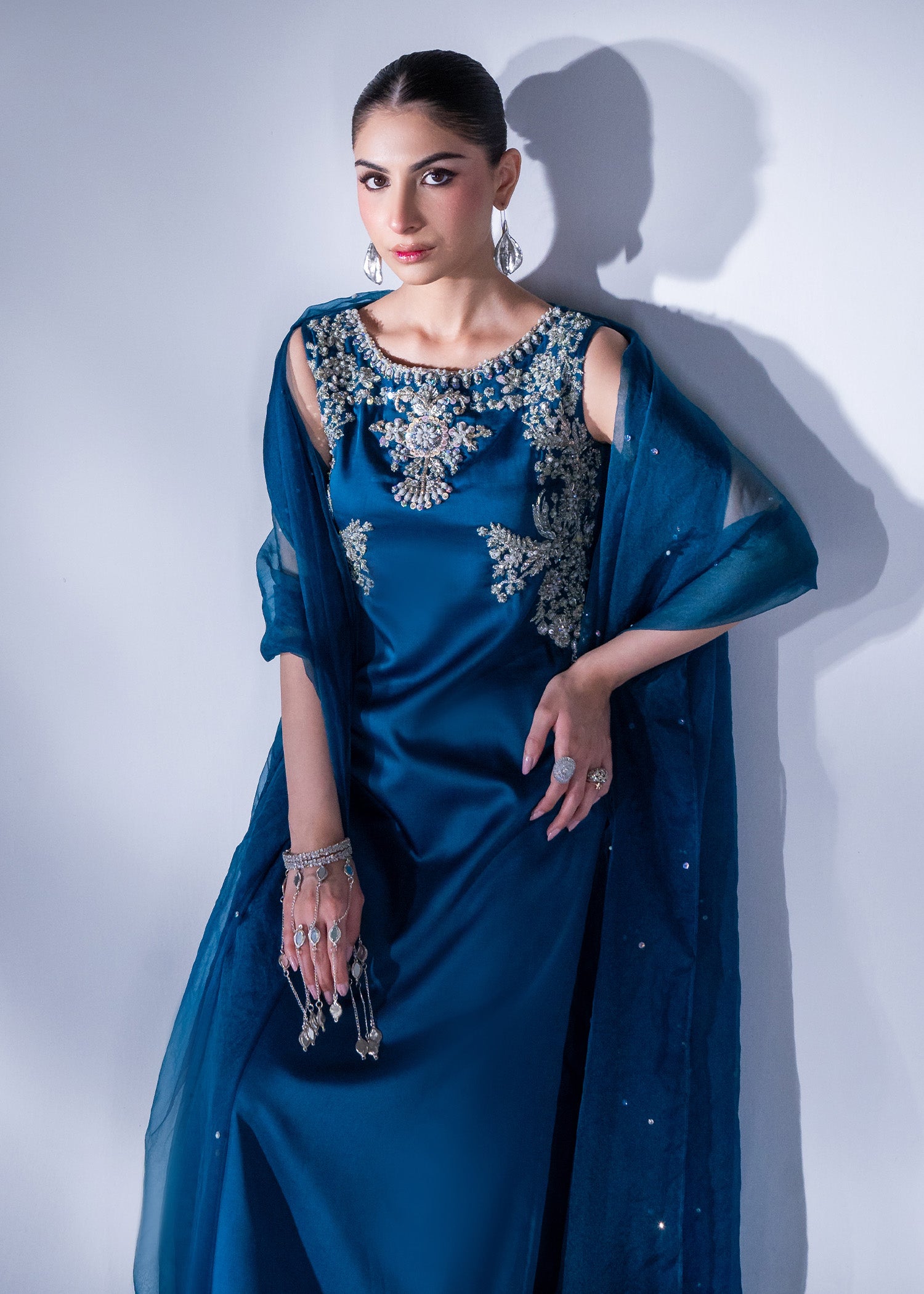 Pakistani Teal Blue Embroidered Pure Silk Salwar Kameez (3-Piece) - Image 2