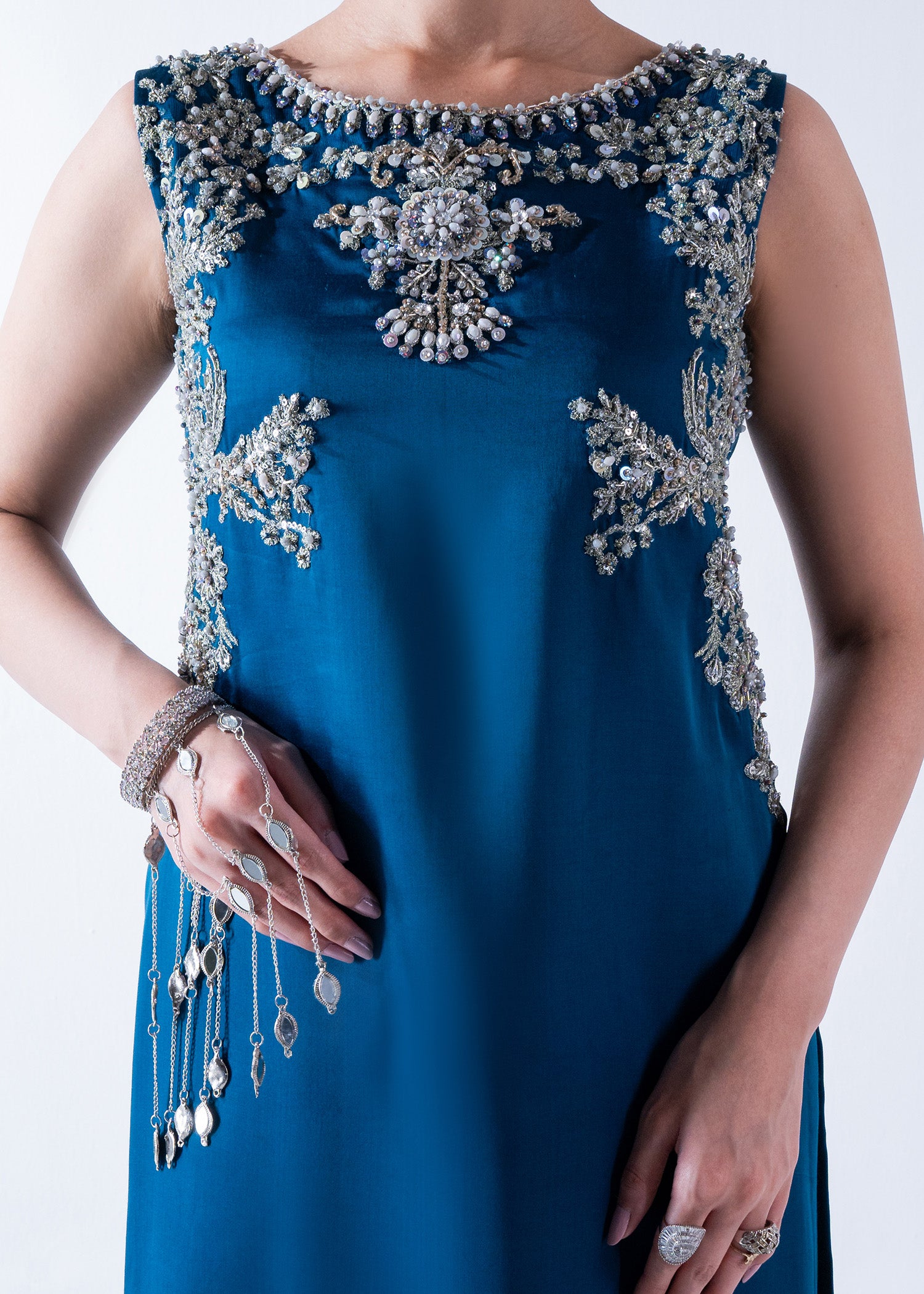 Pakistani Teal Blue Embroidered Pure Silk Salwar Kameez (3-Piece) - Image 3