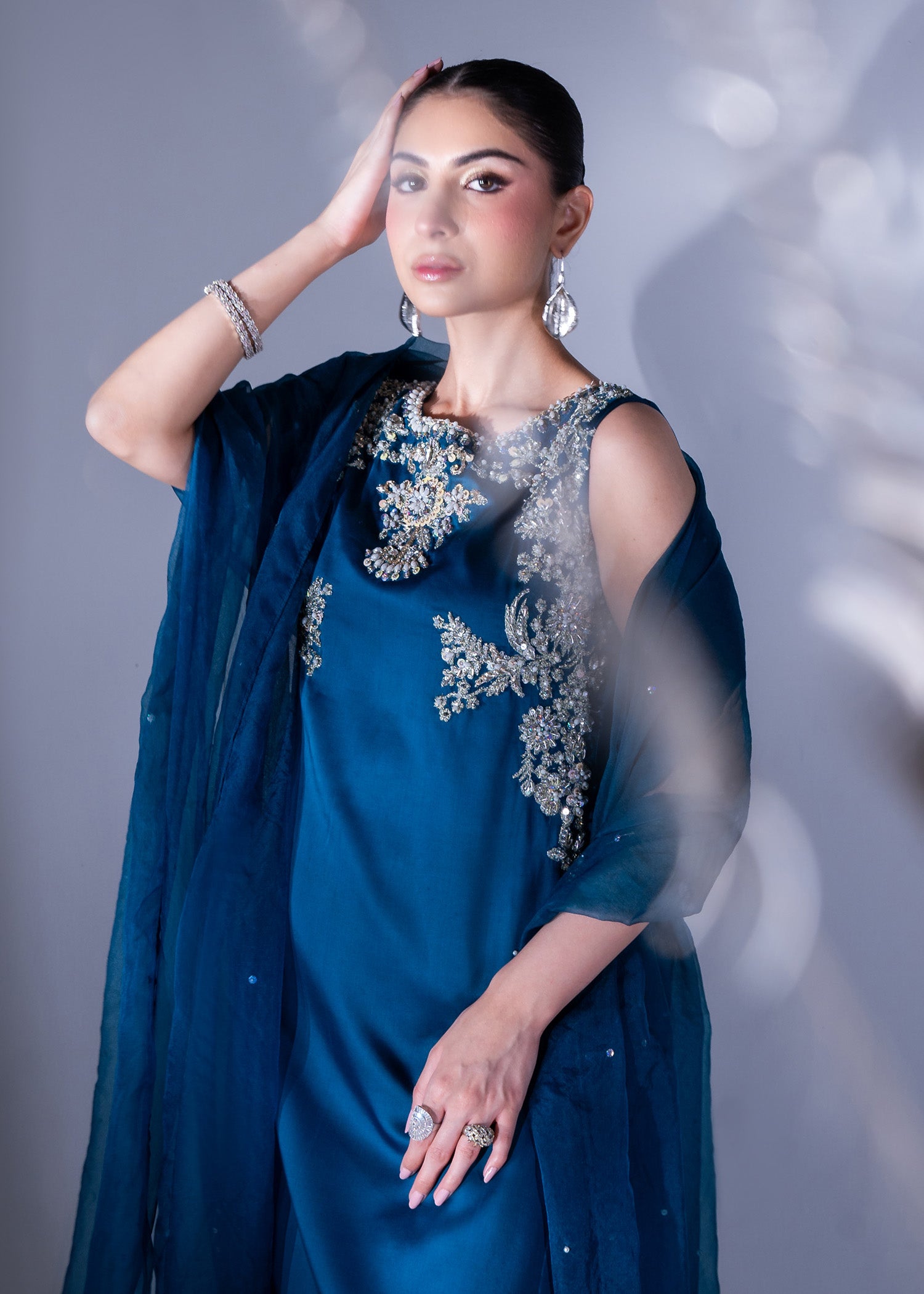 Pakistani Teal Blue Embroidered Pure Silk Salwar Kameez (3-Piece) - Image 4