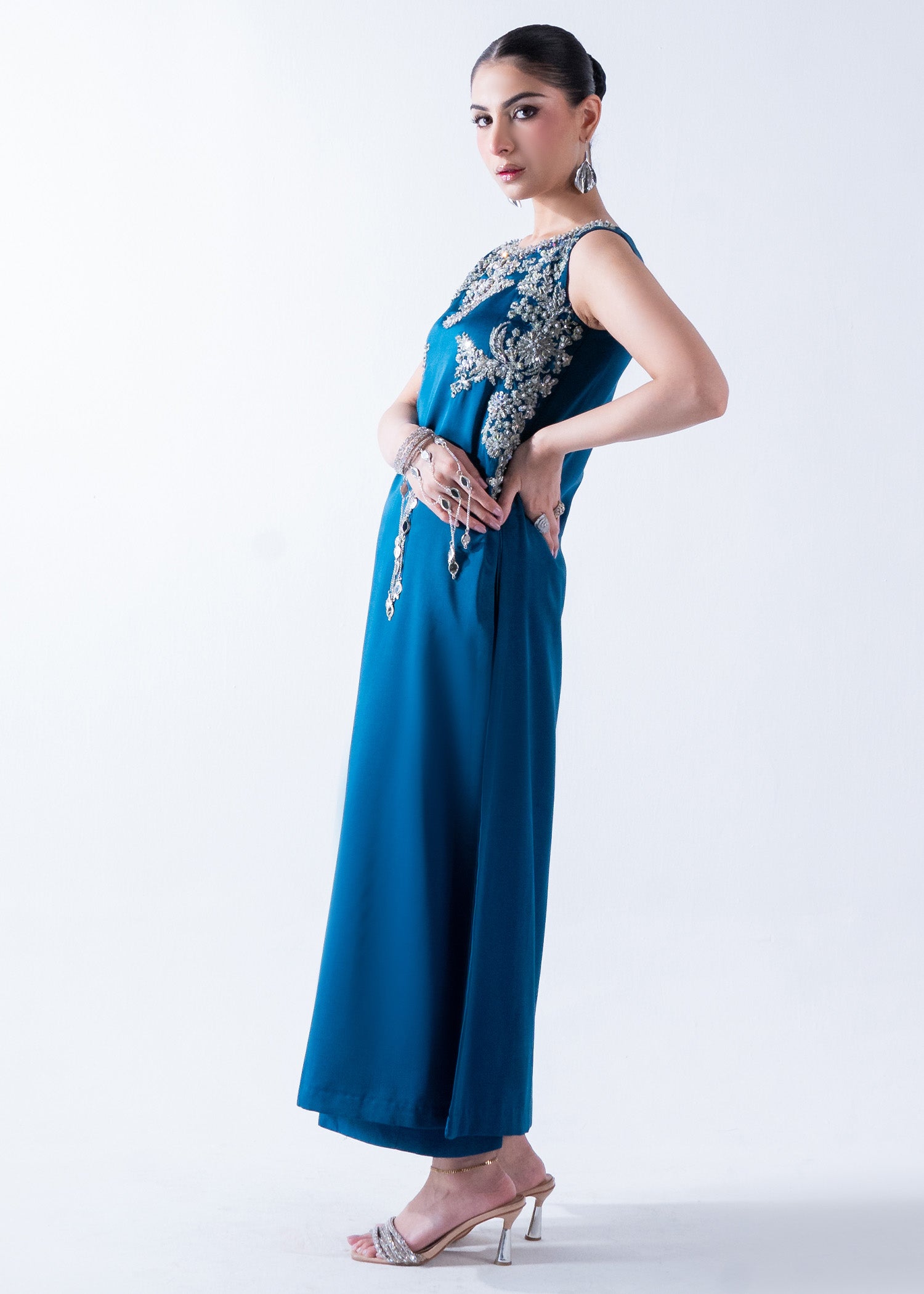 Pakistani Teal Blue Embroidered Pure Silk Salwar Kameez (3-Piece) - Image 5