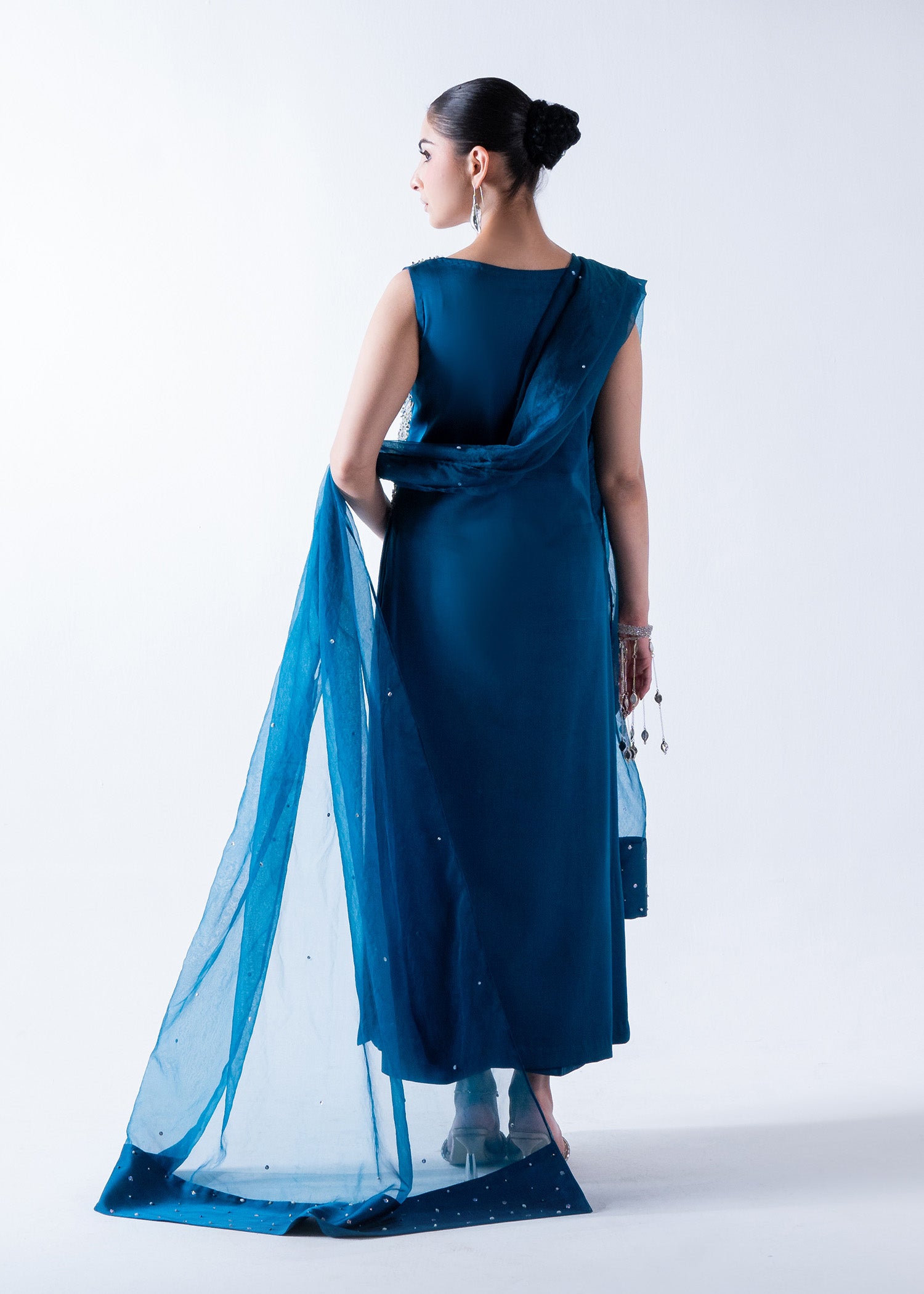 Pakistani Teal Blue Embroidered Pure Silk Salwar Kameez (3-Piece) - Image 6